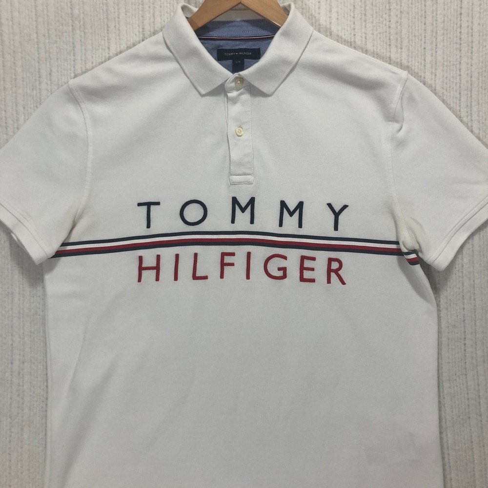 Tommy Hilfiger Polo Shirt Classic Fit Short Sleeve Logo White Large